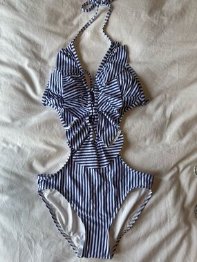 Blue & White Striped Ruffle Cutout One-Piece Swimsuit
